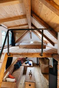 an overhead view of a living room in a tiny house at Chalet am Sonnenhang in Obertraun