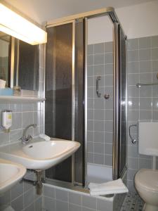 a bathroom with a sink and a shower at Hotel zum Rosenteich in Bad Zwischenahn