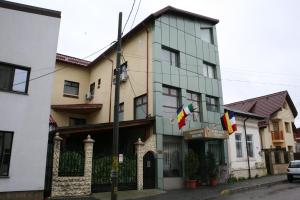 un bâtiment avec drapeaux devant lui dans l'établissement Flamingo Hostel, à Piteşti