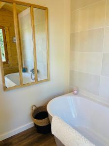 uma casa de banho com uma banheira e um espelho. em Chalet Loda cosy spa privé em Roussayrolles