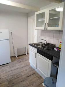 - une cuisine avec un évier et un comptoir dans l'établissement Wohnung im Grünen in Olsberg, à Olsberg