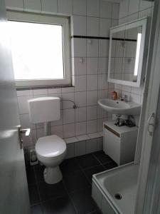 La salle de bains est pourvue de toilettes, d'un lavabo et d'une fenêtre. dans l'établissement Wohnung im Grünen in Olsberg, à Olsberg
