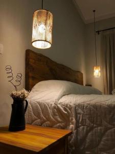 a bedroom with a bed with a table and a lamp at Pousada Villa Paraizo in Ribeirão Claro