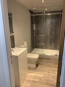 a bathroom with a toilet and a sink and a shower at RECENTLY RENOVATED property in the heart of Southwell in Southwell