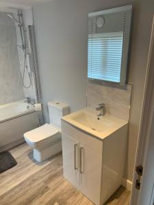 a bathroom with a sink and a toilet and a mirror at RECENTLY RENOVATED property in the heart of Southwell in Southwell