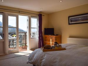 a bedroom with a bed and a television and a balcony at Lochearnside Lodge in Saint Fillans