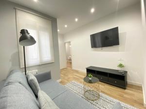 sala de estar con sofá gris y TV de pantalla plana en Piso Lacy Ile en Madrid