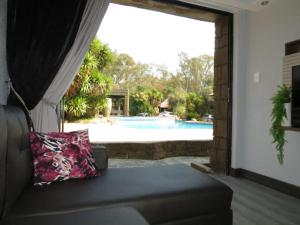 a living room with a couch and a swimming pool at Bushmans Rock in Pretoria