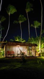 a small shack with palm trees in the night at Bangalô Kauli Seadi Eco-Resort in São Miguel do Gostoso