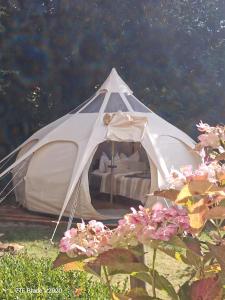 a white tent in a field with flowers at Glamping Altes Pastorat in Barmstedt