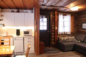 ein Wohnzimmer mit einem Sofa und einer Küche in der Unterkunft Kopistus in Syöte
