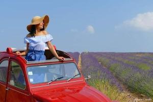 Una donna seduta sul tetto di un'auto rossa in un campo di la métairie de Martine a Riez