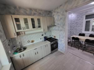 uma pequena cozinha com um lavatório e um fogão em Shahriston GH em Tashkent