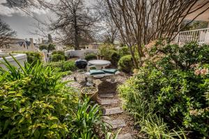 a garden with a table and chairs and plants at Corner House Residence in Franschhoek