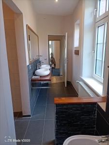 a bathroom with a sink and a bath tub at Glamping Altes Pastorat in Barmstedt