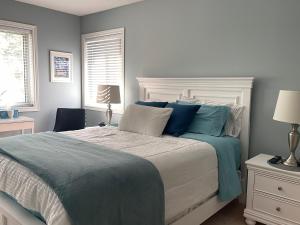 a bedroom with a large bed with blue pillows at Hammer Haus in Waterloo