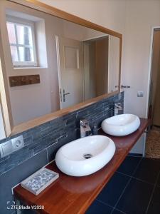 a bathroom with two sinks and a large mirror at Glamping Altes Pastorat in Barmstedt