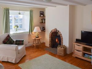 a living room with a fireplace and a television at Rowan Cottage in Aislaby