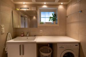 a bathroom with a sink and a washing machine at Flotunet - Anestova in Stryn