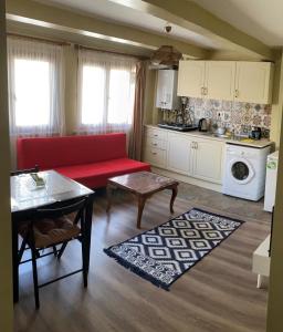 Elele Boutique Aparts في إسطنبول: غرفة معيشة مع أريكة حمراء ومطبخ