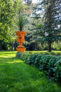 an orange vase with a plant in the grass at Le Manoir du Thouron in Saint-Sulpice