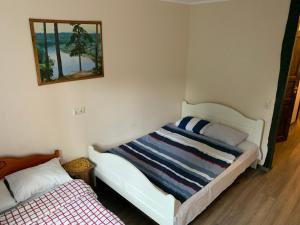1 dormitorio con cama y espejo en la pared en Delta 10- two big beds, en Tartu