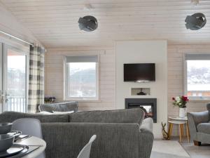 a living room with two couches and a fireplace at The Den in Etteridge