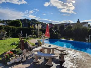 a backyard with a fountain and a swimming pool at Ferienwohnungen Forever in Gamlitz