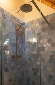 a shower with a glass door in a bathroom at Erve Nijkamp in Tubbergen