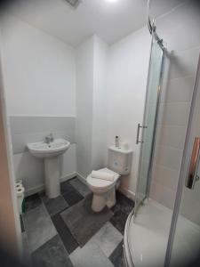 a bathroom with a toilet and a sink at Blackwood Residence in Accrington