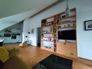 a living room with a large entertainment center with a flat screen tv at N13 Living in Wangen im Allgäu