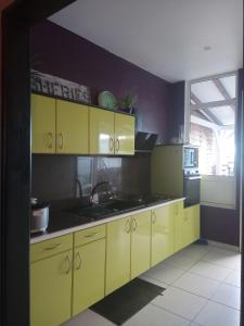 a kitchen with yellow cabinets and a sink at Une pause s'impose au Vauclin avec votre jacuzzi privatif pour 3 nuits minimum in Le Vauclin