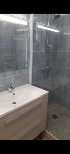 bagno con lavandino bianco e doccia di Appartement spacieux rénové - 11 min de Paris a Colombes
