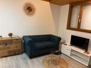 a living room with a blue couch and a tv at Bungalow et jacuzzi privatifs in La Possession