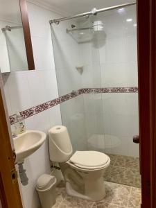 a bathroom with a toilet and a sink at Apartamentos Primavera in Jardin