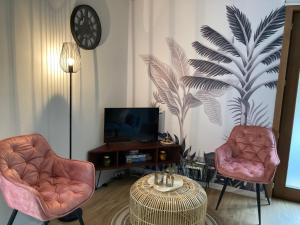 a living room with two chairs and a tv at Le cottage de Christine in Vresse-sur-Semois