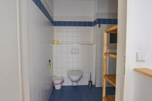 a small bathroom with a toilet and blue tiles at Vienna City Apartment 1230 Vienna in Vienna +12 photos