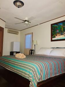 a bedroom with a bed and a ceiling fan at Mana Kai Camping & Cabins in San Ignacio
