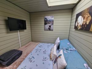 a room with a bed with a television in it at Stunning 1-Bed shepherd hut in Holyhead in Holyhead