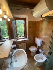 y baño con lavamanos, aseo y lavamanos. en La casa del Cucù al Ravascletto, 900mt from cable car en Zovello