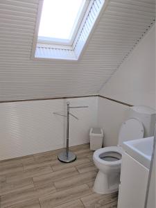 a bathroom with a toilet and a skylight at Marica Apartman in Balatonfenyves
