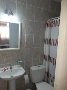 a bathroom with a white toilet and a sink at Hostal D' Silvia in Arica +39 photos