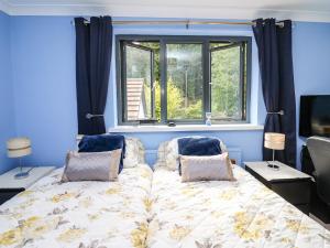a blue bedroom with a bed and a window at Trevonnen in Brecon