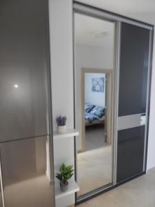 einen großen Spiegel in einem Zimmer mit Schlafzimmer in der Unterkunft Apartman Zvezda vodilja in Veternik