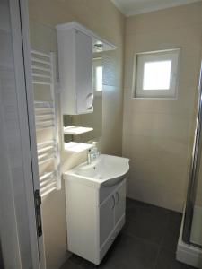 ein weißes Badezimmer mit einem Waschbecken und einem Spiegel in der Unterkunft Apartman Zvezda vodilja in Veternik