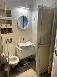 a bathroom with a toilet and a sink and a mirror at National Park Boutique Studio in Bucharest