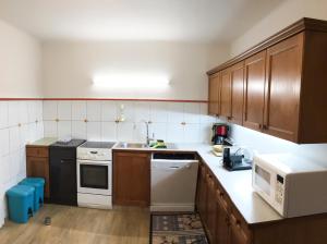 a kitchen with wooden cabinets and white appliances at Haus Rosina in Admont