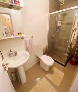 1-Bedroom Apartment Fushë Kosovë في Kosovo Polje: حمام مع مرحاض ومغسلة ودش
