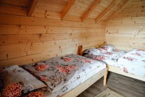 two beds in a room with wooden walls at Vidikovac Uvac in Družiniće