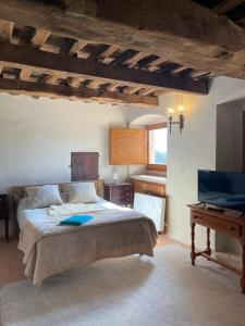 1 dormitorio con cama, mesa y TV en Requesens, en La Jonquera